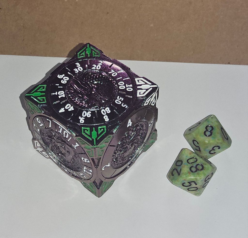 7-in-1dice cube. 10/100-sided spinner. 12-sidded spinner. 4-sided spinner. 10/100-sided polyhedral gaming dice. 