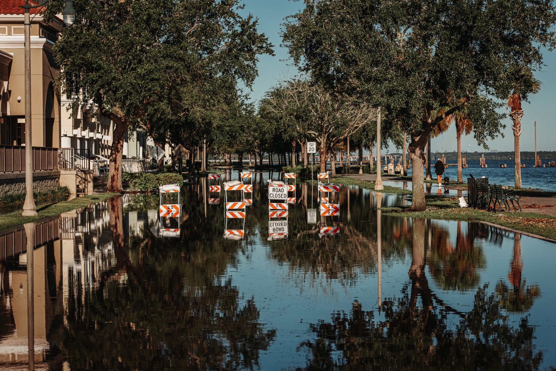 Flooded road with warning signs.