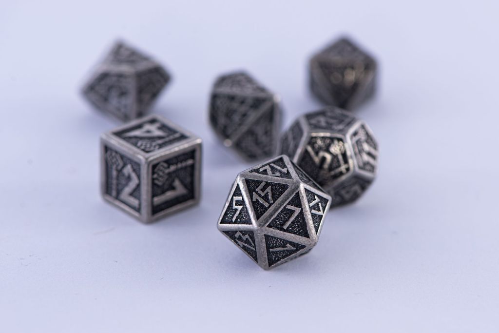 Metal polyhedral gaming dice set. 