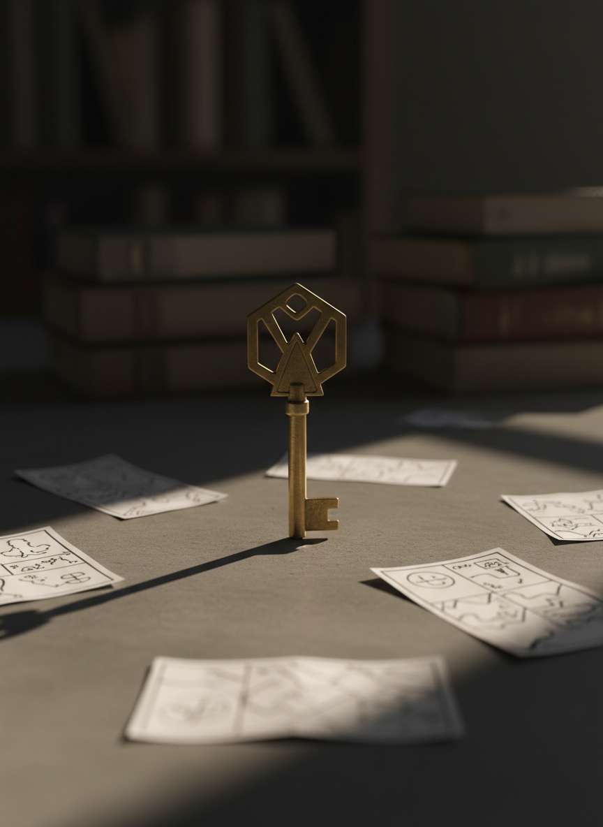 An antique brass key with intricate, angular cutouts lies at the center of a smooth concrete slab, surrounded by scattered, folded paper fragments that resemble tiny abstract maps and story outlines. Each paper piece has faint, non-legible markings suggesting plots and characters. A narrow beam of golden hour light spills across the scene from the top right, carving sharp, geometric shadows and highlighting the key’s worn metallic patina. The rest of the environment is minimal and dark, with subtle bokeh hints of stacked books in the distance. Captured from a low, almost eye-level perspective with the key framed on the rule of thirds, the photographic image feels bold, mysterious, and cinematic, symbolizing the unlocking of powerful narratives.