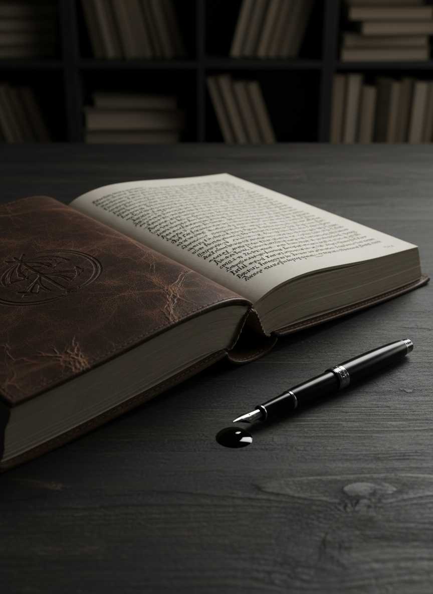 A heavy, leather-bound journal embossed with a subtle, abstract crest, lying open on a dark, matte wooden desk. Pages are filled with flowing ink lines that hint at a story without forming readable words. Beside it, a black metal fountain pen rests diagonally, a small pool of ink glinting at the nib. Cool, directional studio lighting from the left creates strong contrasts and crisp shadows, emphasizing the textures of leather, paper fibers, and wood grain. The background fades into a soft, geometric blur of shelves and stacked notebooks. Shot from a slightly elevated, three-quarter angle with shallow depth of field, the composition is clean and bold, evoking focus, imagination, and the raw power of storytelling in photographic realism.