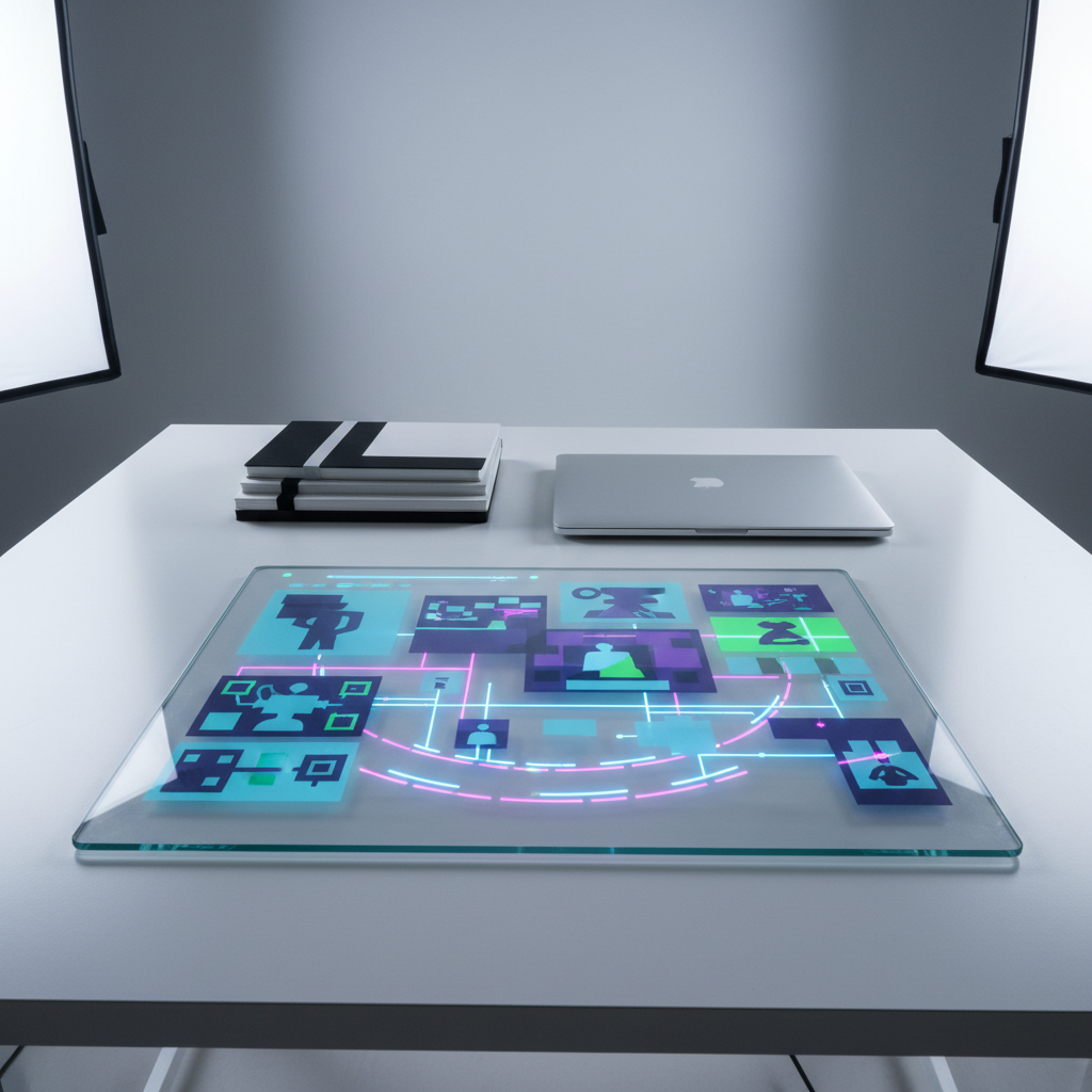 A futuristic, transparent tablet rests on a stark, white acrylic table, its surface displaying layered, semi-abstract storyboards and glowing timeline arcs that suggest plot structures without readable text. Thin neon-blue and magenta accents trace through the interface like narrative threads. Behind it, a stack of monochrome notebooks and a closed laptop form a clean, geometric backdrop. Cool, diffused studio lighting from both sides creates soft reflections on the tablet and subtle gradients on the wall. The camera is positioned at a slightly elevated angle, capturing sharp focus across the entire frame with a wide lens. The photographic image feels bold, modern, and high-tech, perfectly expressing a digital storyteller’s workspace where complex stories are architected with precision and flair.