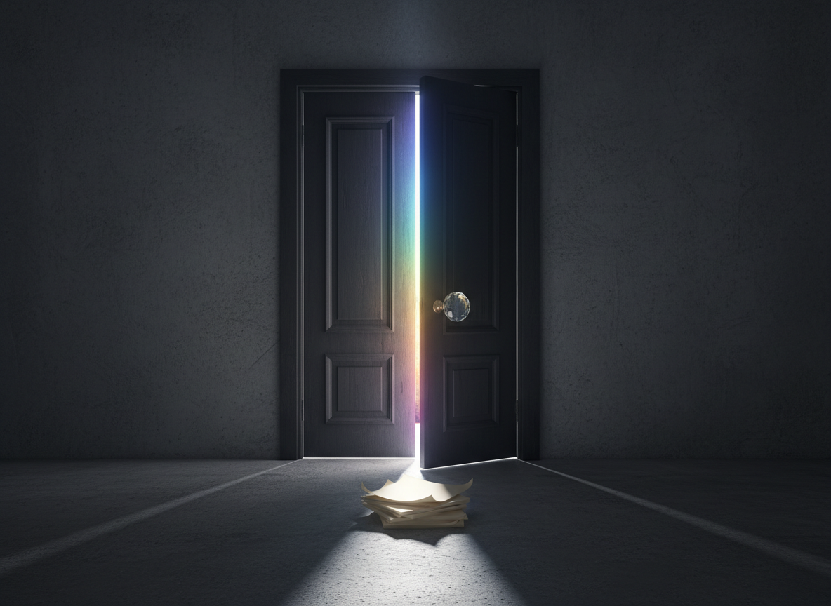 An imposing, dark wooden door with an oversized, faceted crystal handle stands slightly ajar within a smooth concrete wall, revealing only a sliver of brilliant, otherworldly light pouring through the gap. At the threshold, a small stack of blank, cream-colored pages lies on the floor, edges curling slightly, ready to be filled. The harsh, off-camera light from behind the door creates a knife-edge beam that slices into the dim foreground, generating elongated, geometric shadows. Photographed from a centered, eye-level viewpoint with a wide lens, the clean, photographic composition is bold and symbolic, evoking the moment before a story begins—an invitation into unknown worlds shaped by imagination.