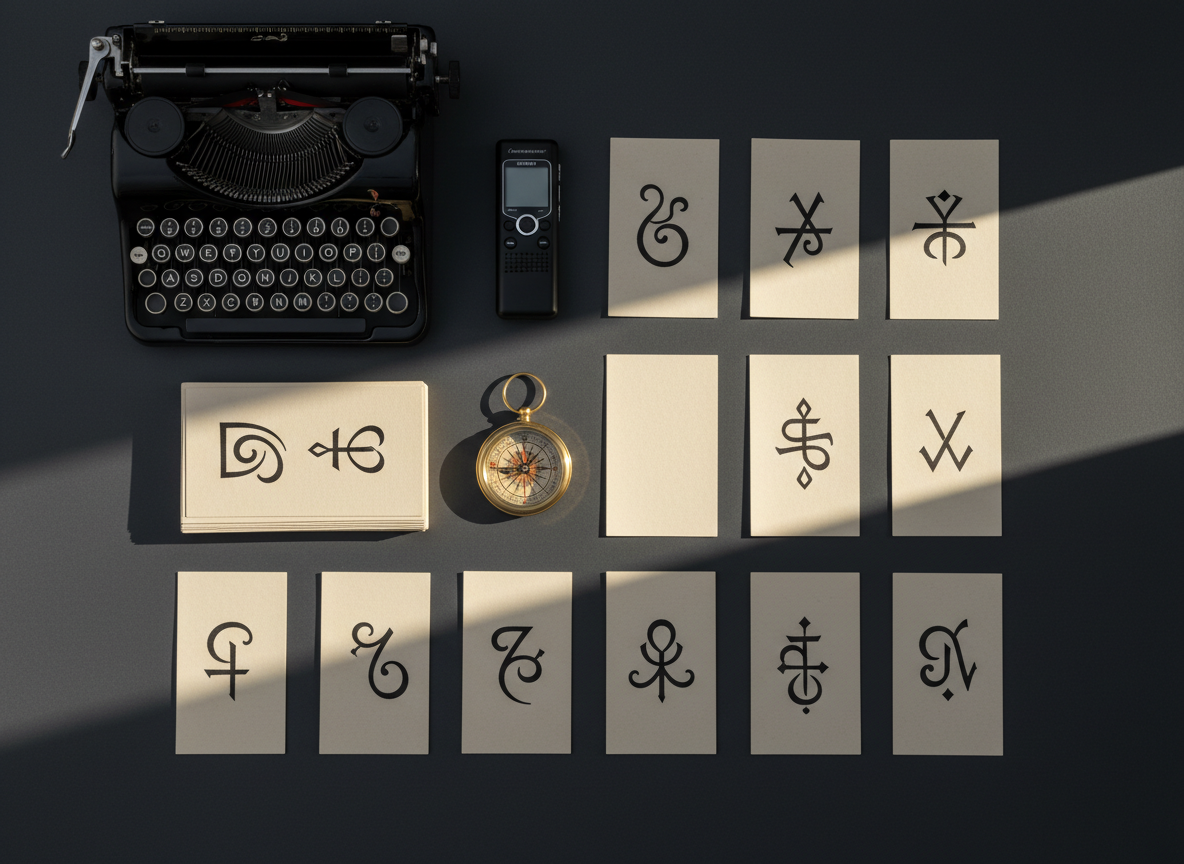 A meticulously arranged flat lay of storytelling tools sits on a deep charcoal surface: a vintage typewriter with blank keys, a slim digital voice recorder, a stack of index cards marked with abstract symbols, and a circular brass compass pointing toward a blank card in the center. A diagonal band of warm afternoon light cuts across the scene, creating strong, geometric shadows and emphasizing the contrasting materials—metal, plastic, paper, and brass. The composition follows a clean grid, with each object precisely aligned, captured from a directly overhead, photographic perspective. The mood is focused and bold, suggesting a storyteller planning an ambitious narrative adventure, fusing old and new methods without any visible text or human presence.