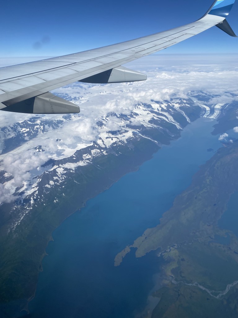 View of snow covered mountians out of airplane window.